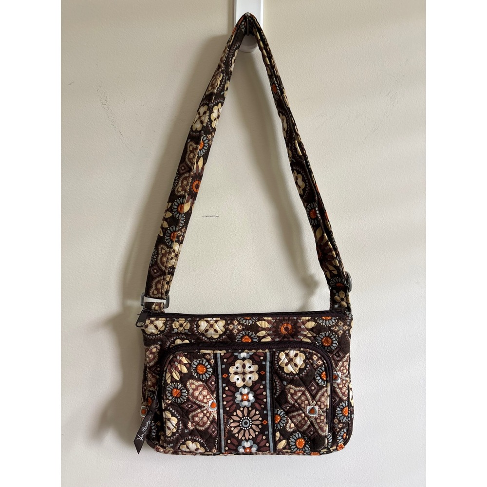 Vera Bradley Crossbody Bag Mocha Rouge Floral Quilted Cotton Small Messenger